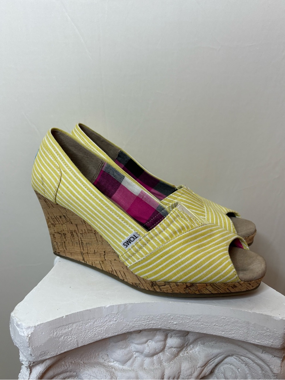 TOMS Yellow Striped Cork Wedge Peep-Toe Espadrille